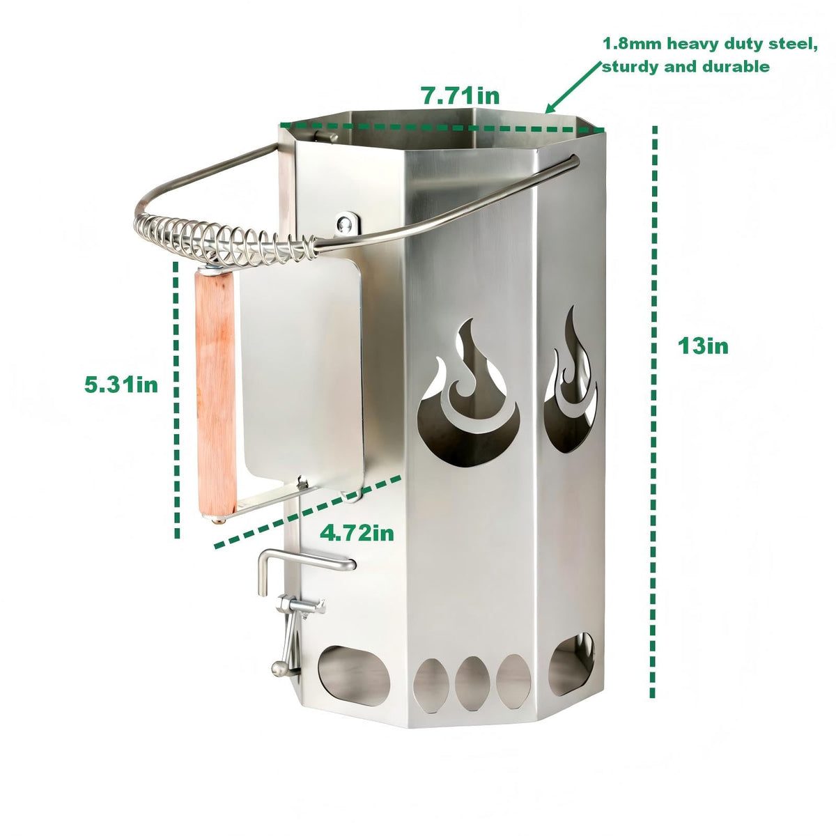 Ember Echo XL shows insulated wooden handle for safer grip during loading and pouring.