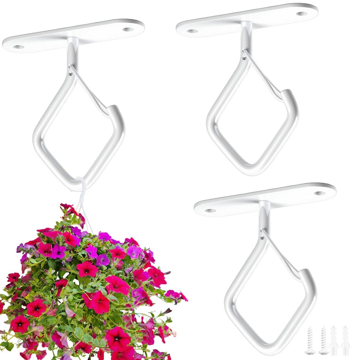 Emiluil ceiling hook with safety buckle securing a potted plant.