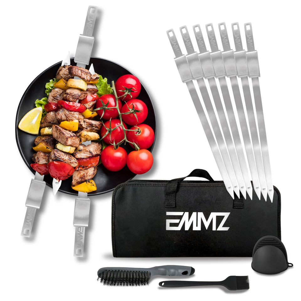 EMMZ 16.5-inch flat steel skewer with slider for easy serving.