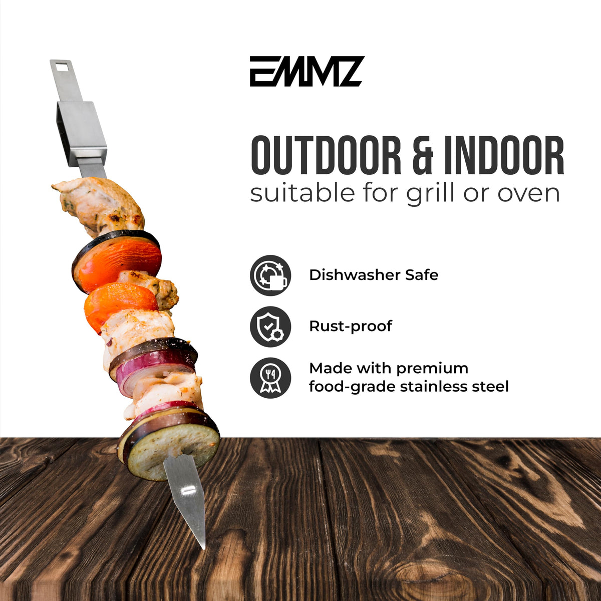 EMMZ stainless skewers are dishwasher-safe for easy cleanup.