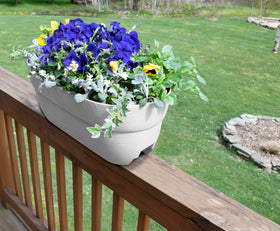 emsco bloomers rail planter weatherproof resin material withstands sun and rain.