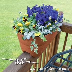 EMSCO Bloomers planter with stabilizers attached to railing posts.