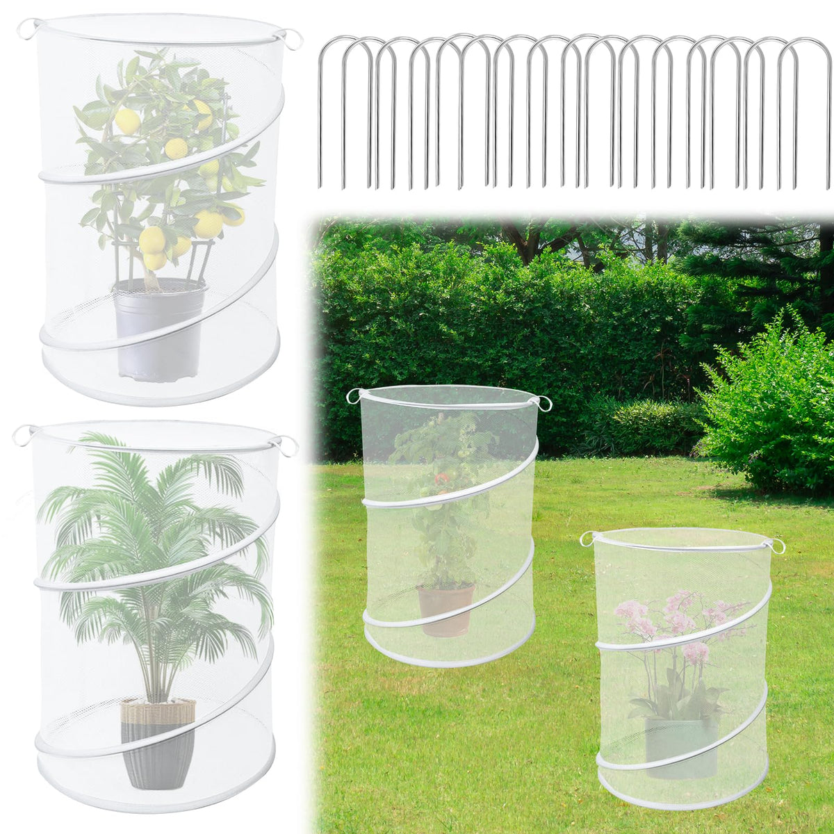 Emsiok 4pack pop-up plant covers white protecting seedlings while allowing airflow.