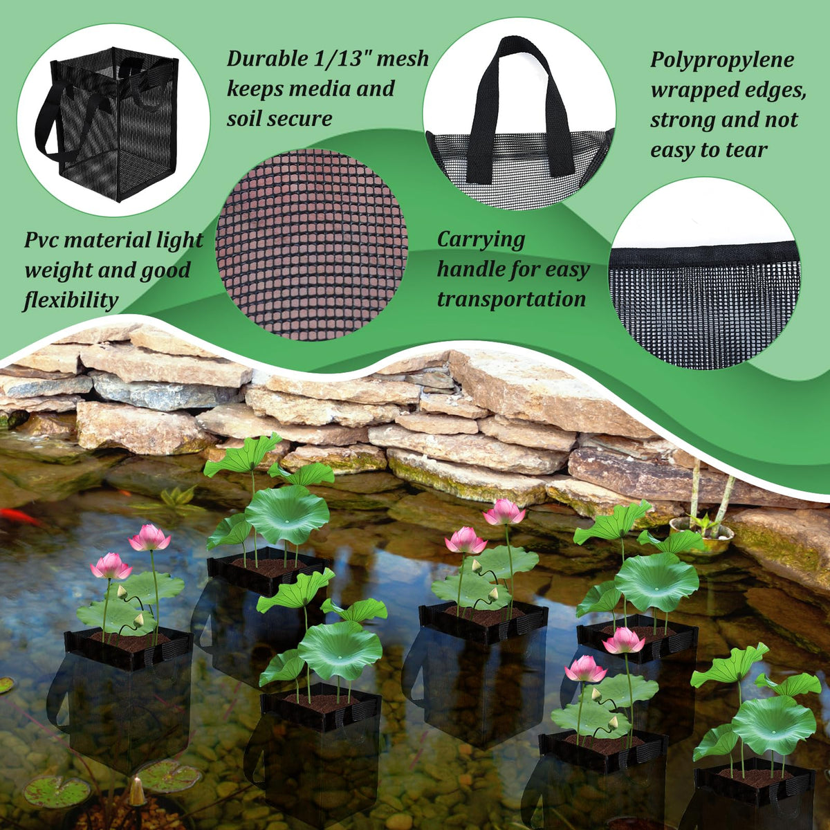 Emsiok breathable mesh pond pots allow water access and soil retention.