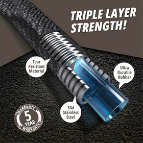 EMSON Hydrosteel Pro 50ft kink-resistant design shown bending around obstacles for smooth watering.