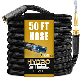 EMSON Hydrosteel Pro 50ft steel-wrap hose shows a durable, rust-resistant outer layer for long life.