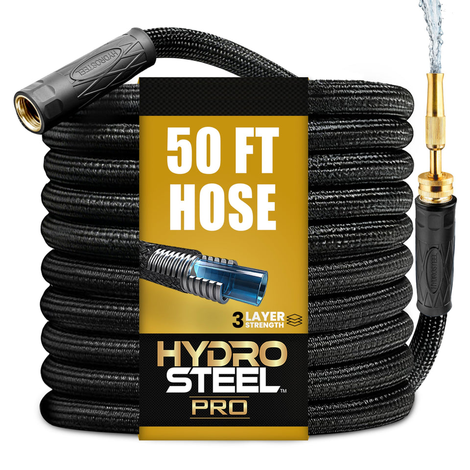 EMSON Hydrosteel Pro 50ft steel-wrap hose shows a durable, rust-resistant outer layer for long life.