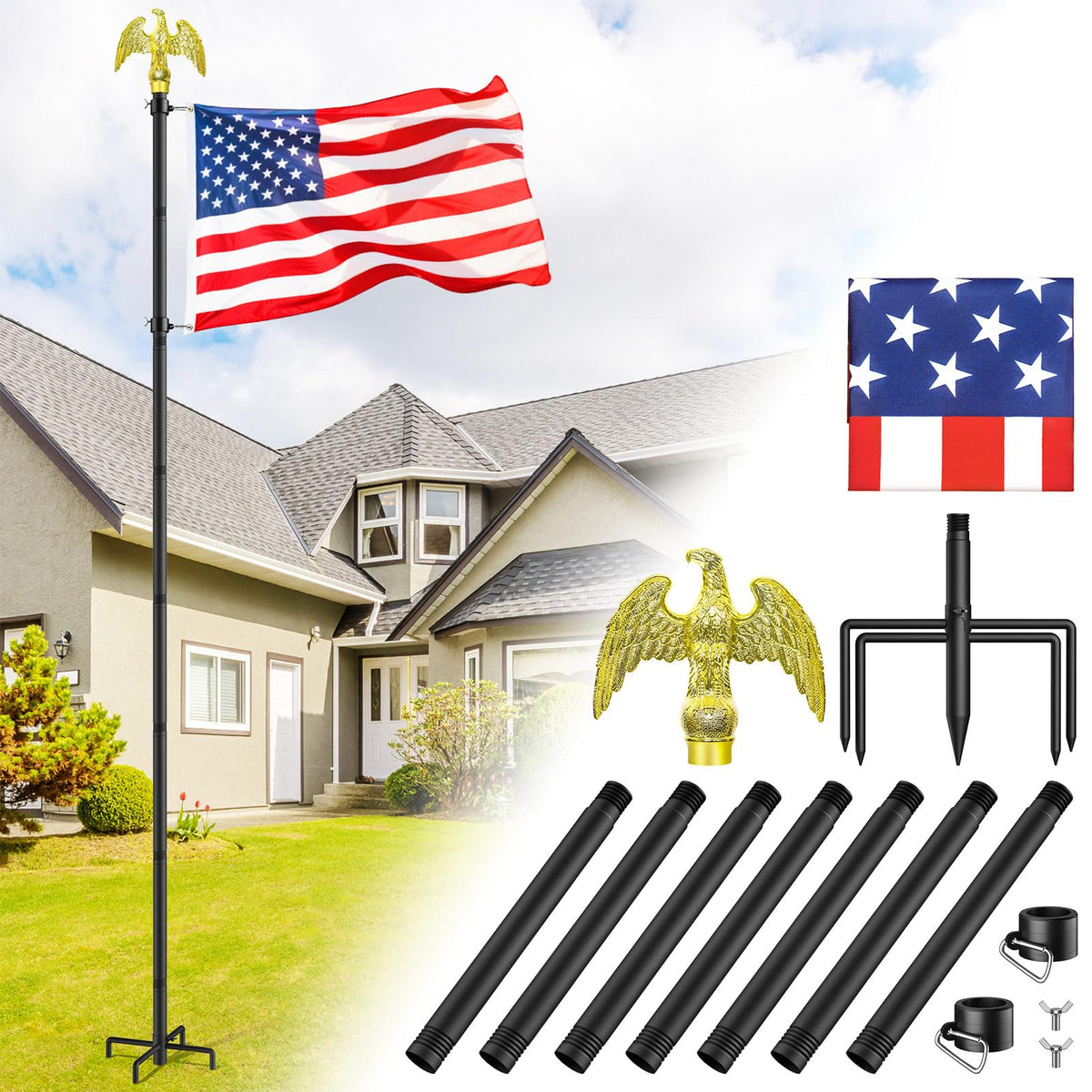 Enayplon 10 ft flag pole with eagle head for bold outdoor display