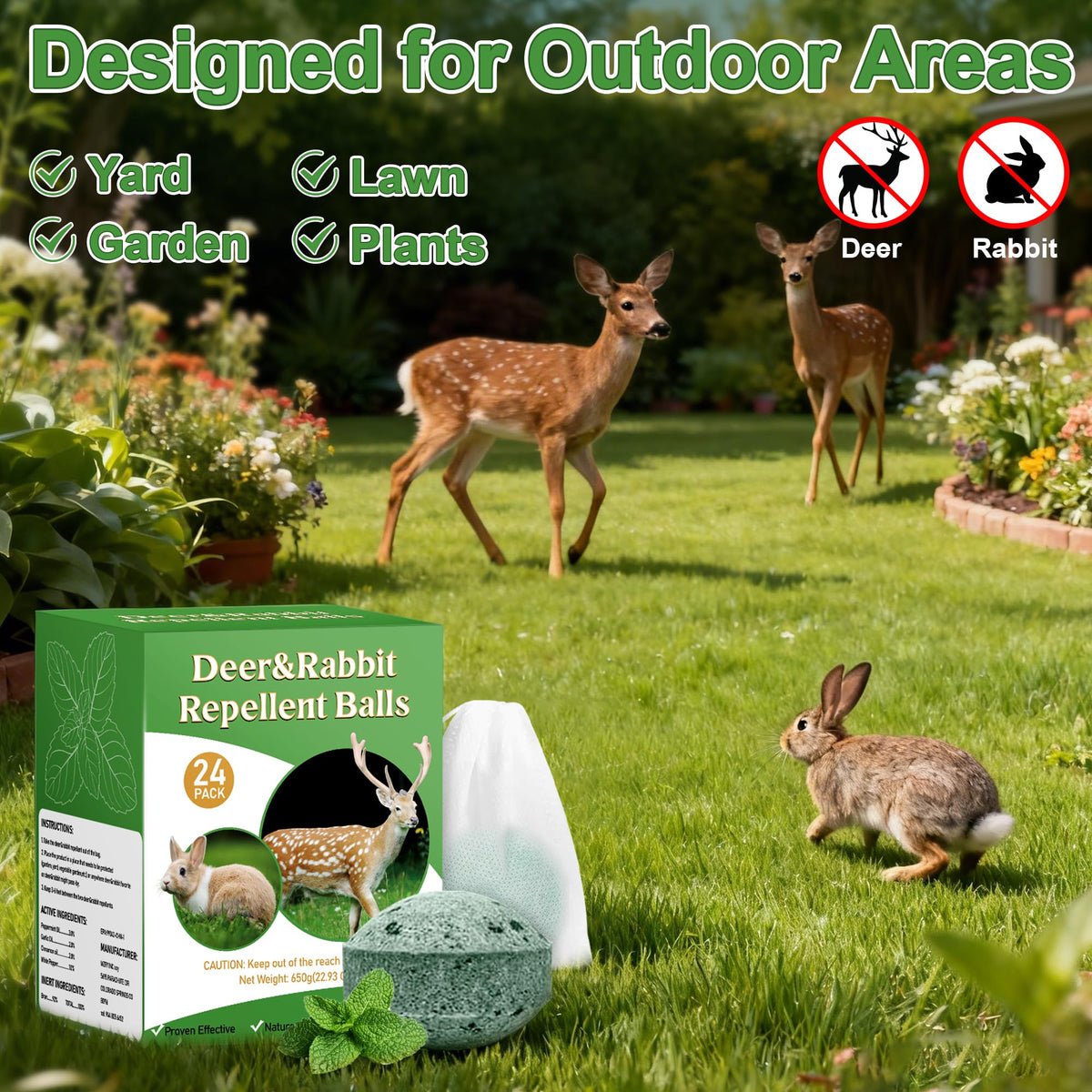 Enbabbor deer-rabbit-repellent-ball in display with woodland scent signals non-harmful deterrence