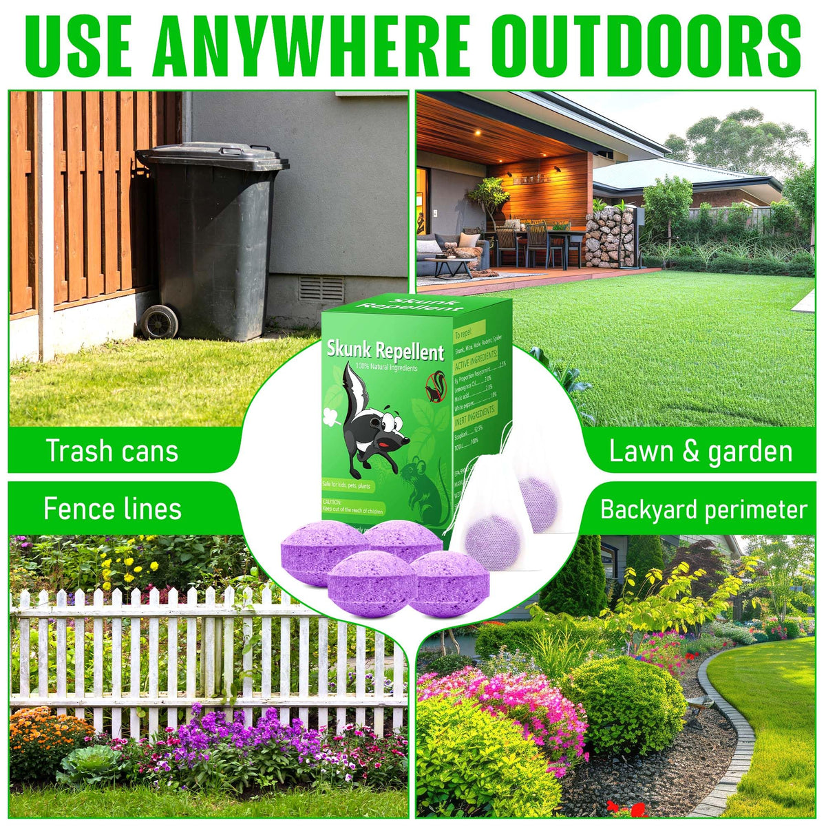 Enbabbor Skunk Repellent beside trash areas reduces scavenger visits.