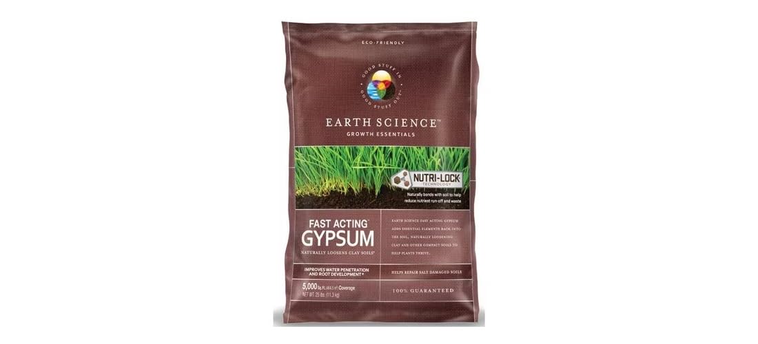 Earth Science Gypsum bag 25 lb improves lawn treatment efficiency.