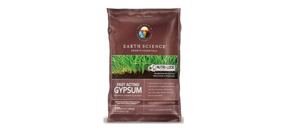 Earth Science Gypsum bag 25 lb improves lawn treatment efficiency.