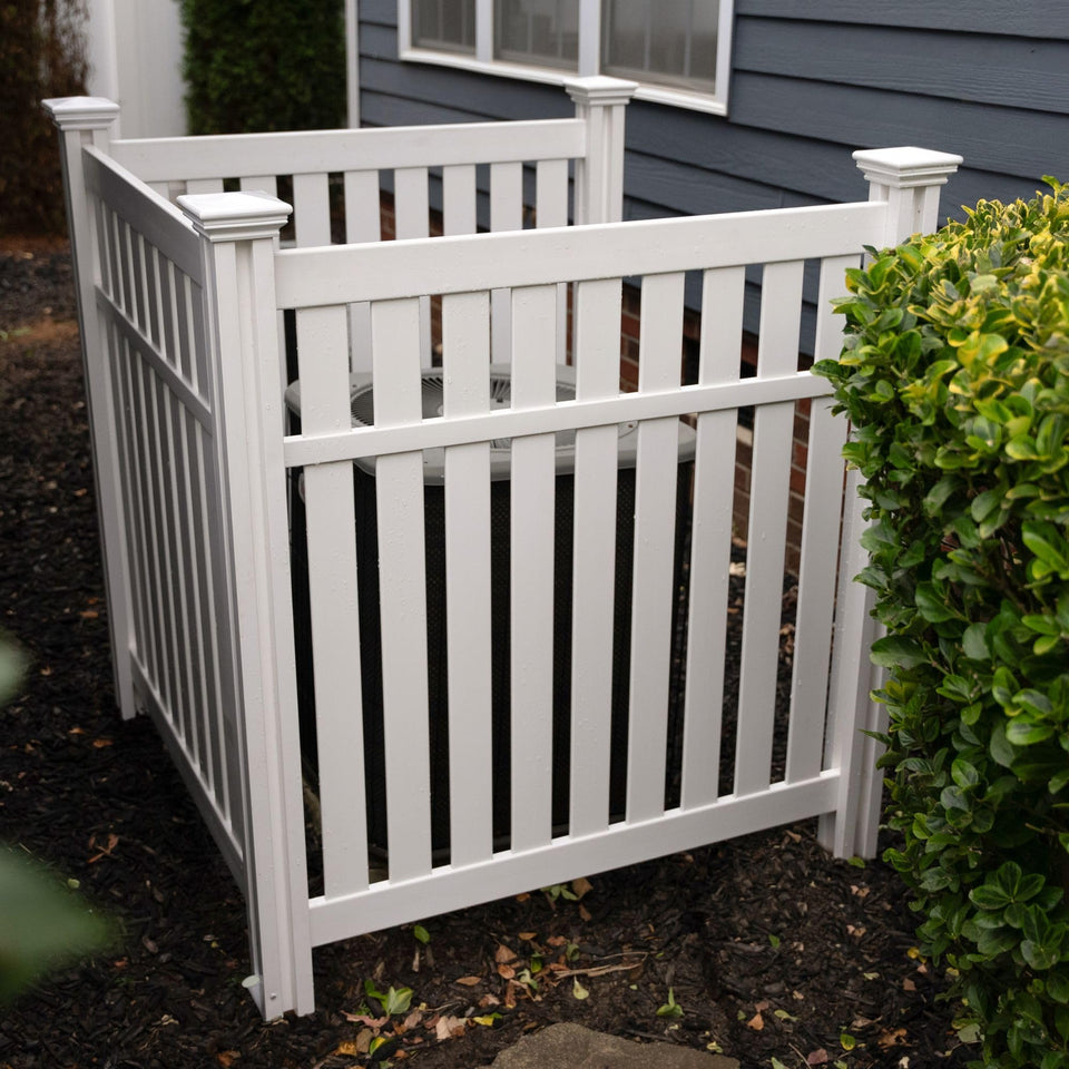 Enclo Hartford 3-panel privacy screen around an outdoor AC unit for privacy and airflow.
