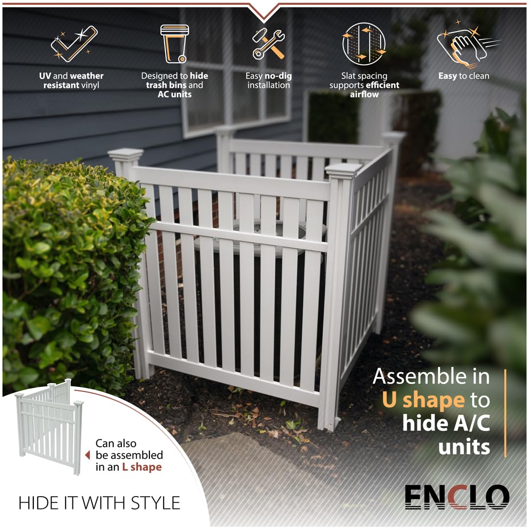 Enclo Hartford privacy screen concealing trash bins with tidy, ventilated setup.