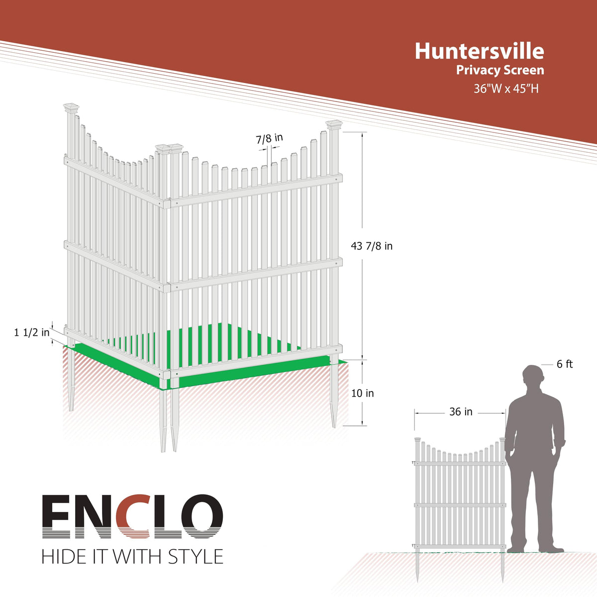 Enclo Huntersville white vinyl screen in-yard setup demonstrates quick no-dig installation.