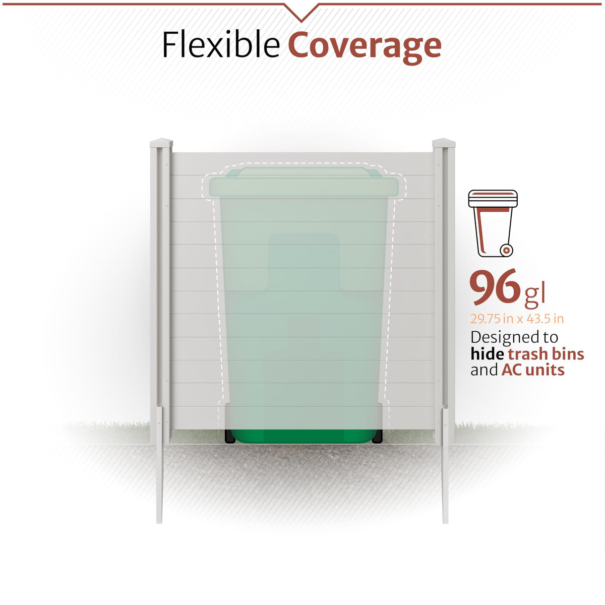 Enclo privacy screens 48x48 panel shows modular dimensions.