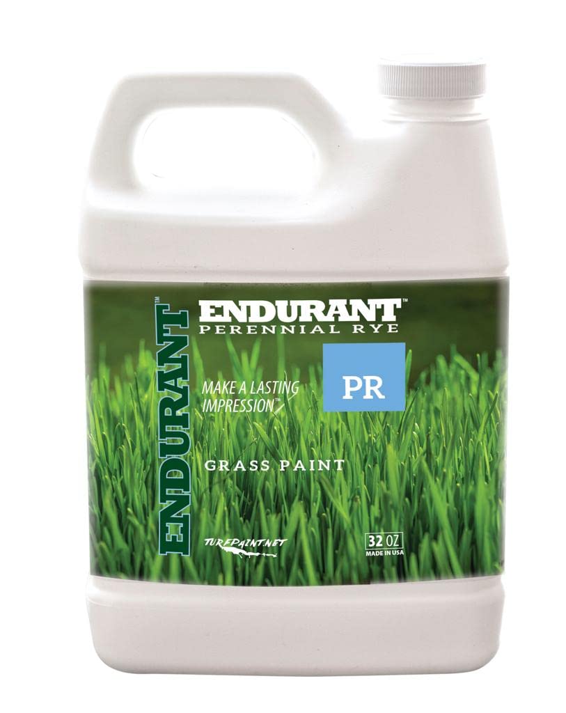 Endurant Turf Colorants spray-on green lawn paint shown on a patchy lawn for quick curb appeal