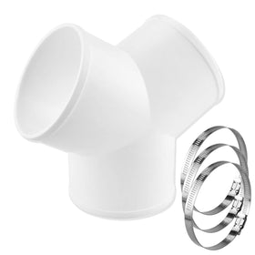 Enenes 3-way duct connector for 4-inch hoses showing Y-shape design and smooth interior.