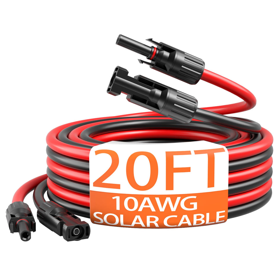 Energeaster 10AWG solar cable with red connector for outdoor panel connections.