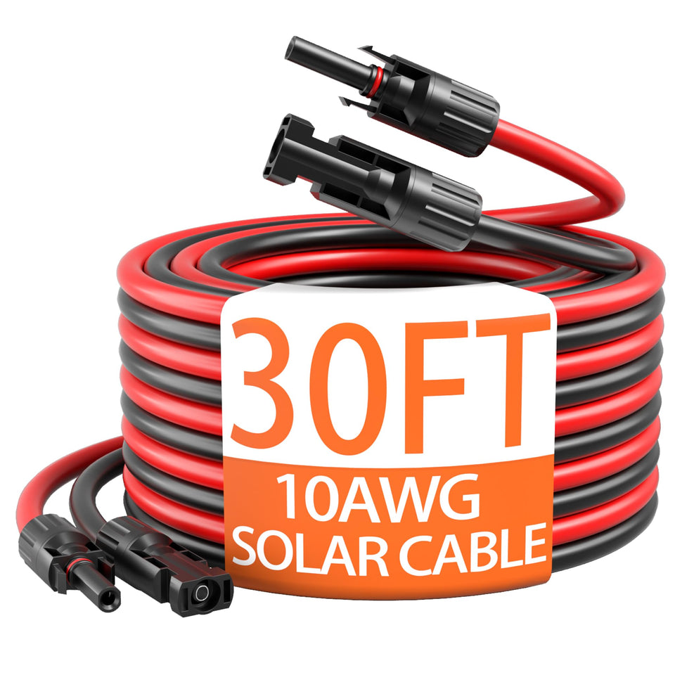 Energeaster 10AWG red solar extension cable with end connectors for easy panel-to-controller connections.