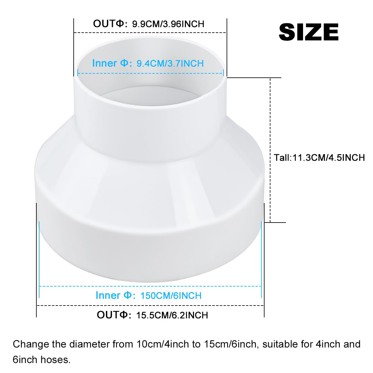 Enenes 6 to 4 inch adapter connects 6 and 4 inch ducts for flexible ventilation.