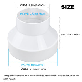 Enenes 6 to 4 inch adapter connects 6 and 4 inch ducts for flexible ventilation.