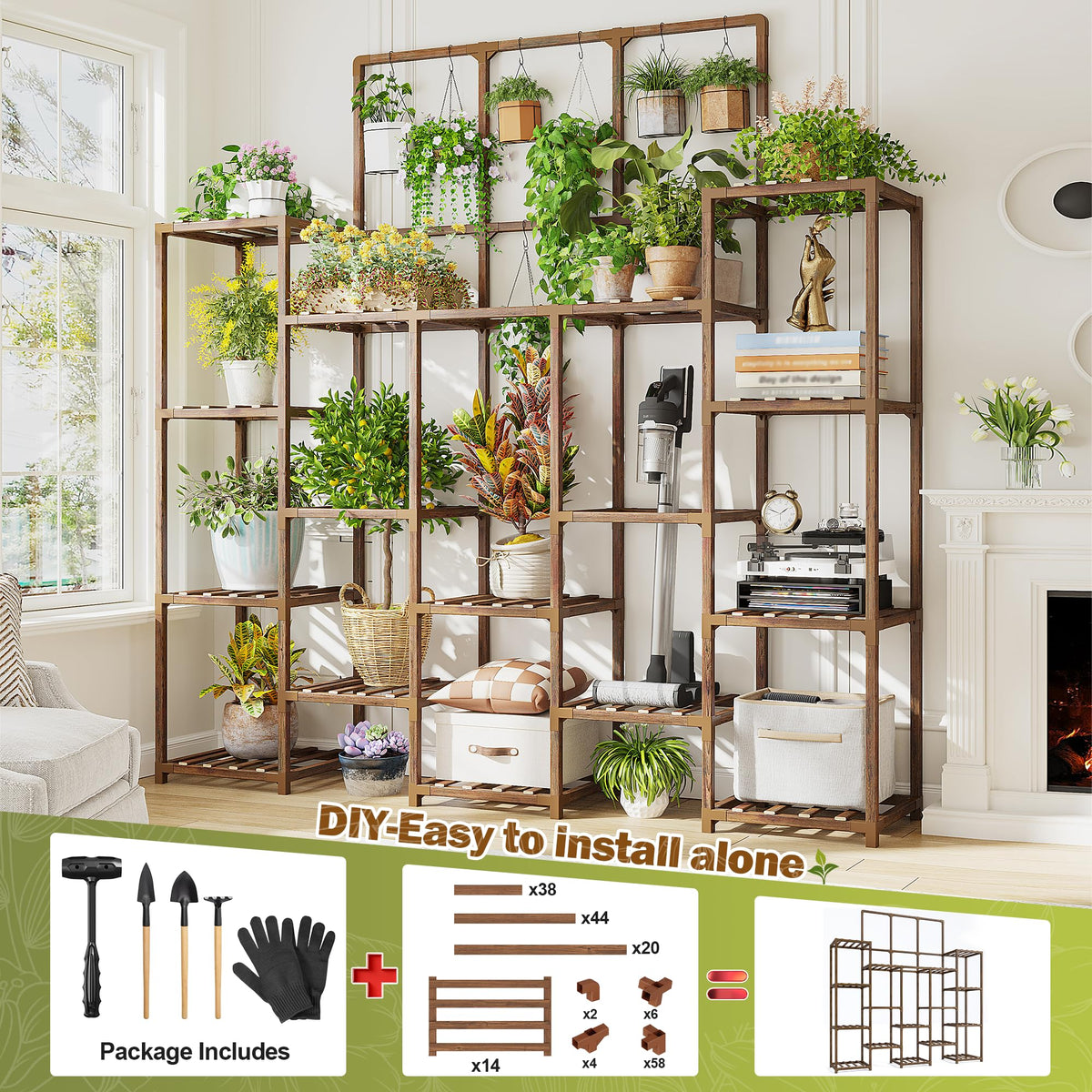 Carbonized natural eucalyptus wood detail on EnHomee plant stand