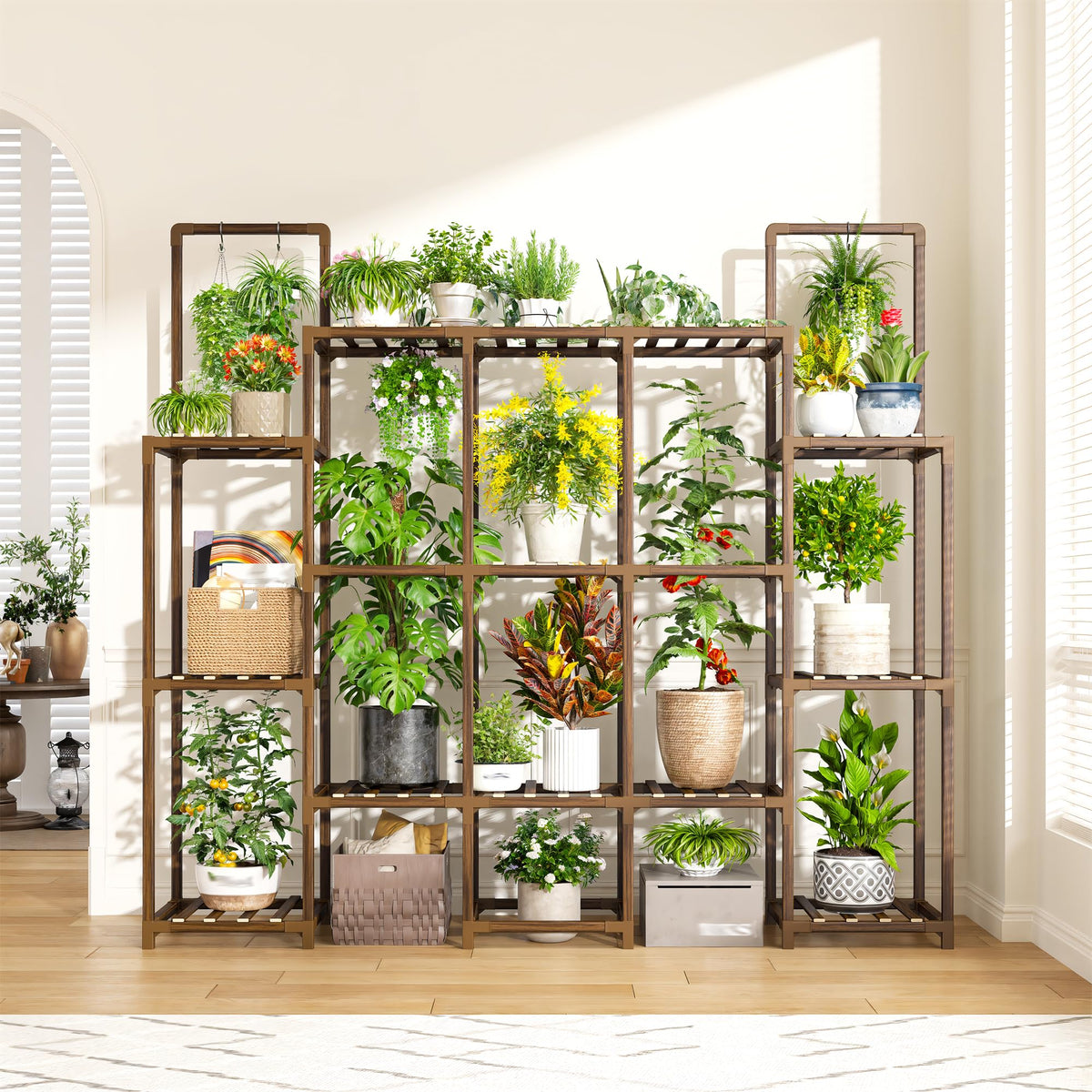 EnHomee plant stand shown indoors and outdoors on a patio and living room