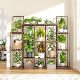 EnHomee plant stand shown indoors and outdoors on a patio and living room