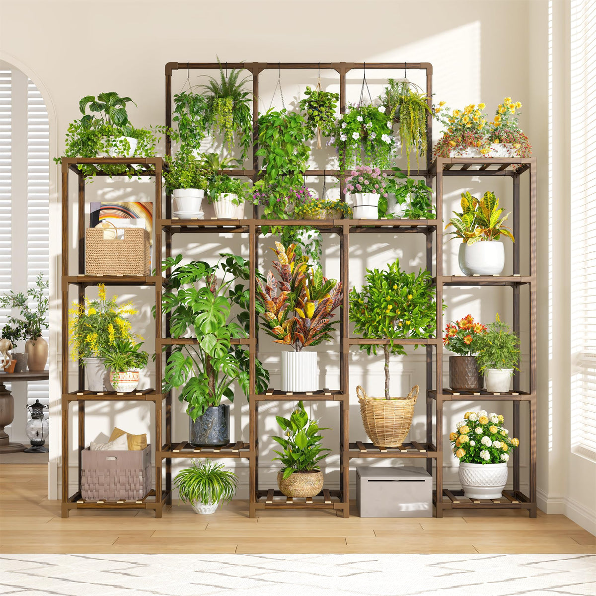 Living room scene with EnHomee plant stand showcasing indoor greenery