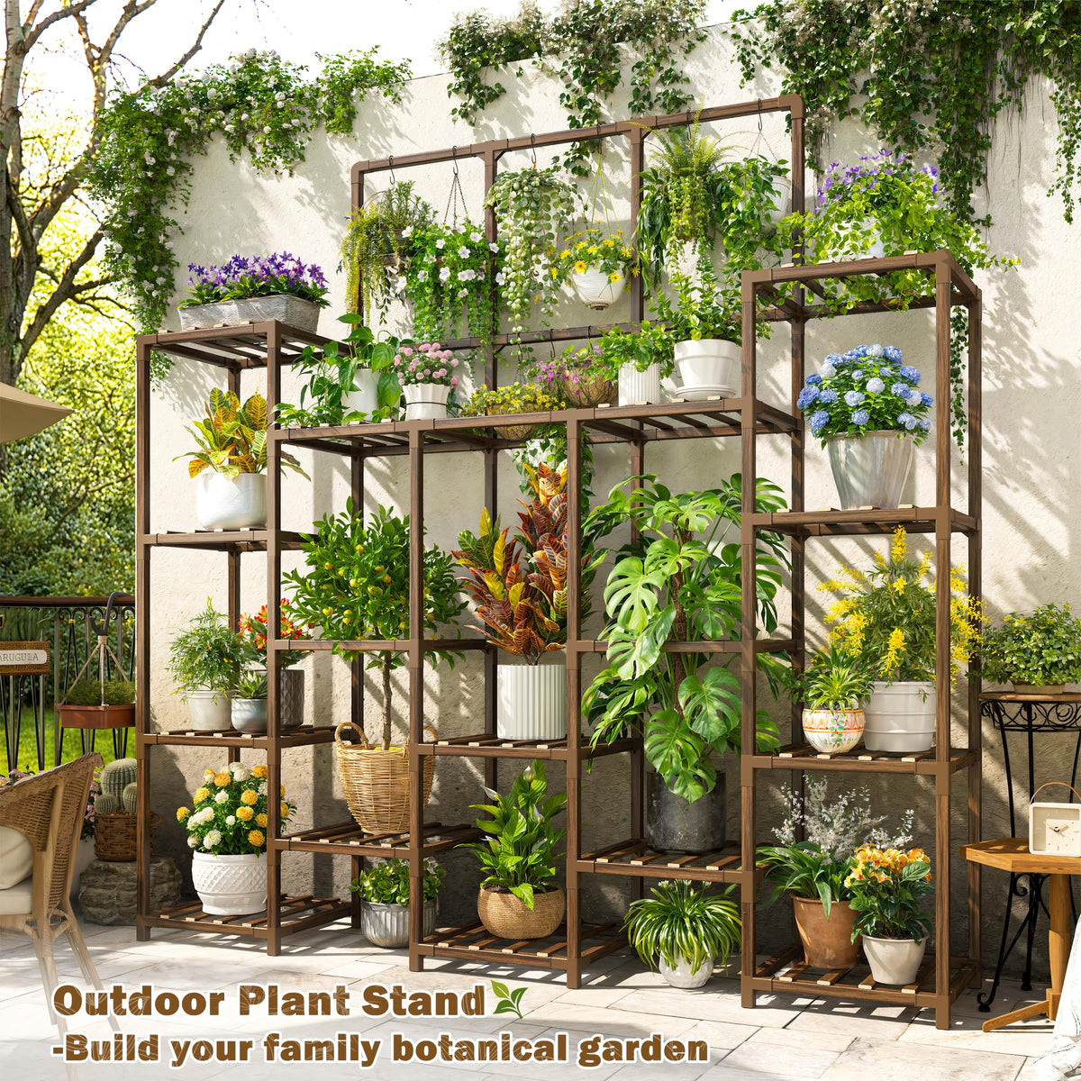 EnHomee plant stand being used on a patio for outdoor display