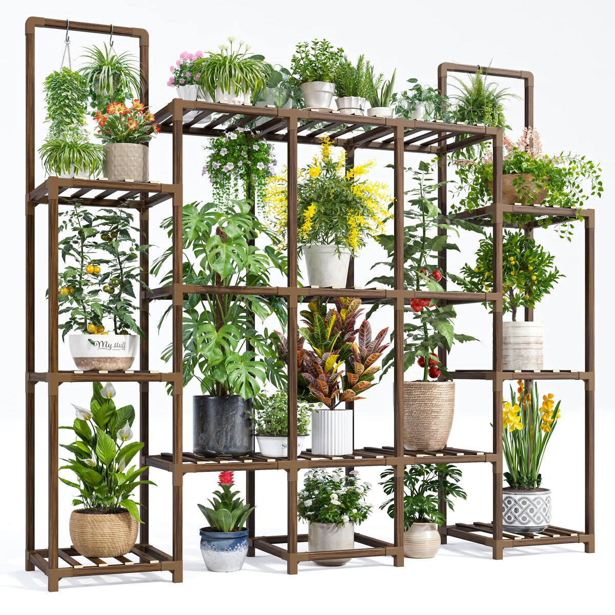 EnHomee tall plant stand holding 16–20 pots across multiple levels for sun exposure