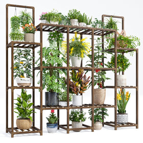 EnHomee tall plant stand holding 16–20 pots across multiple levels for sun exposure
