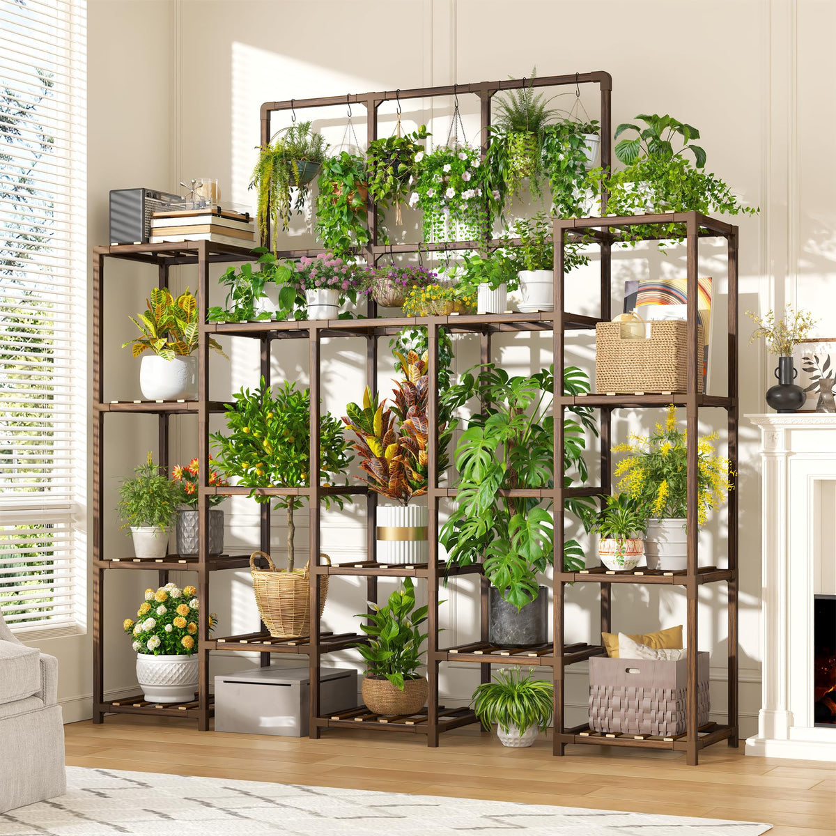 EnHomee tall plant stand during assembly with modular shelves for indoor organization