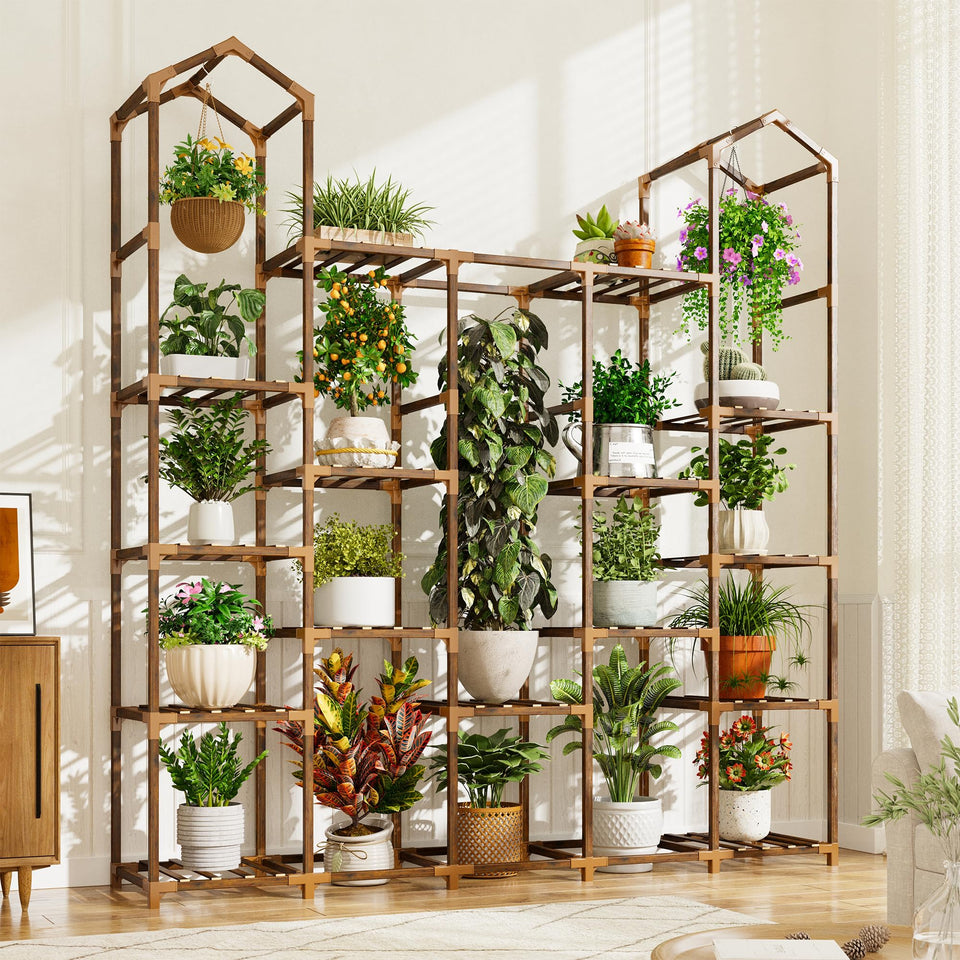 EnHomee tall plant stand with wooden shelves for indoor display.