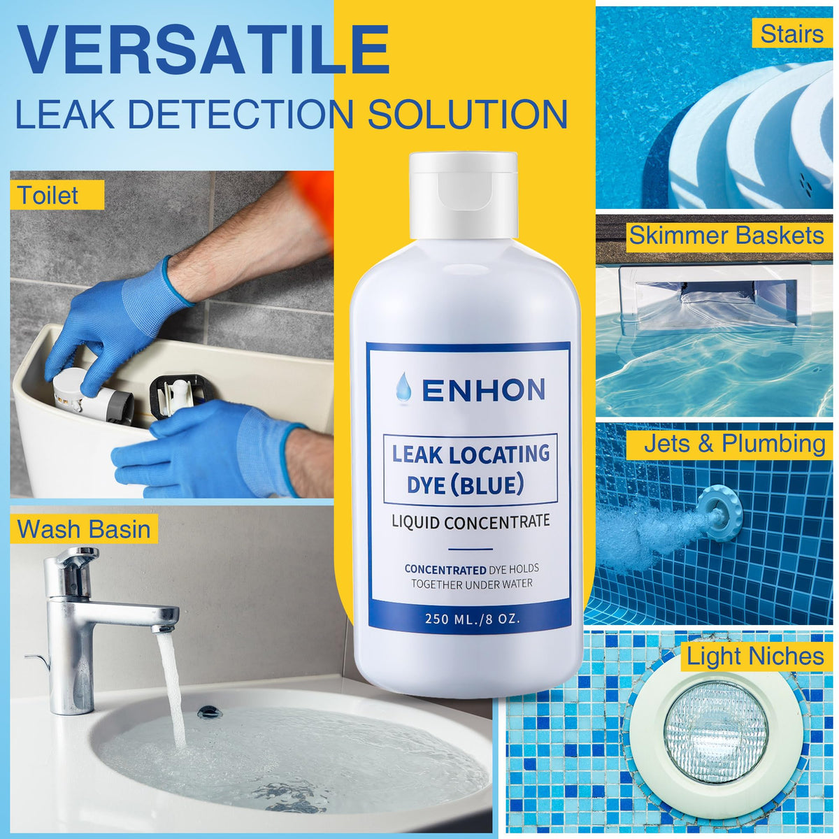 Enhon kit works with inground, above-ground, fiberglass, and vinyl pools.