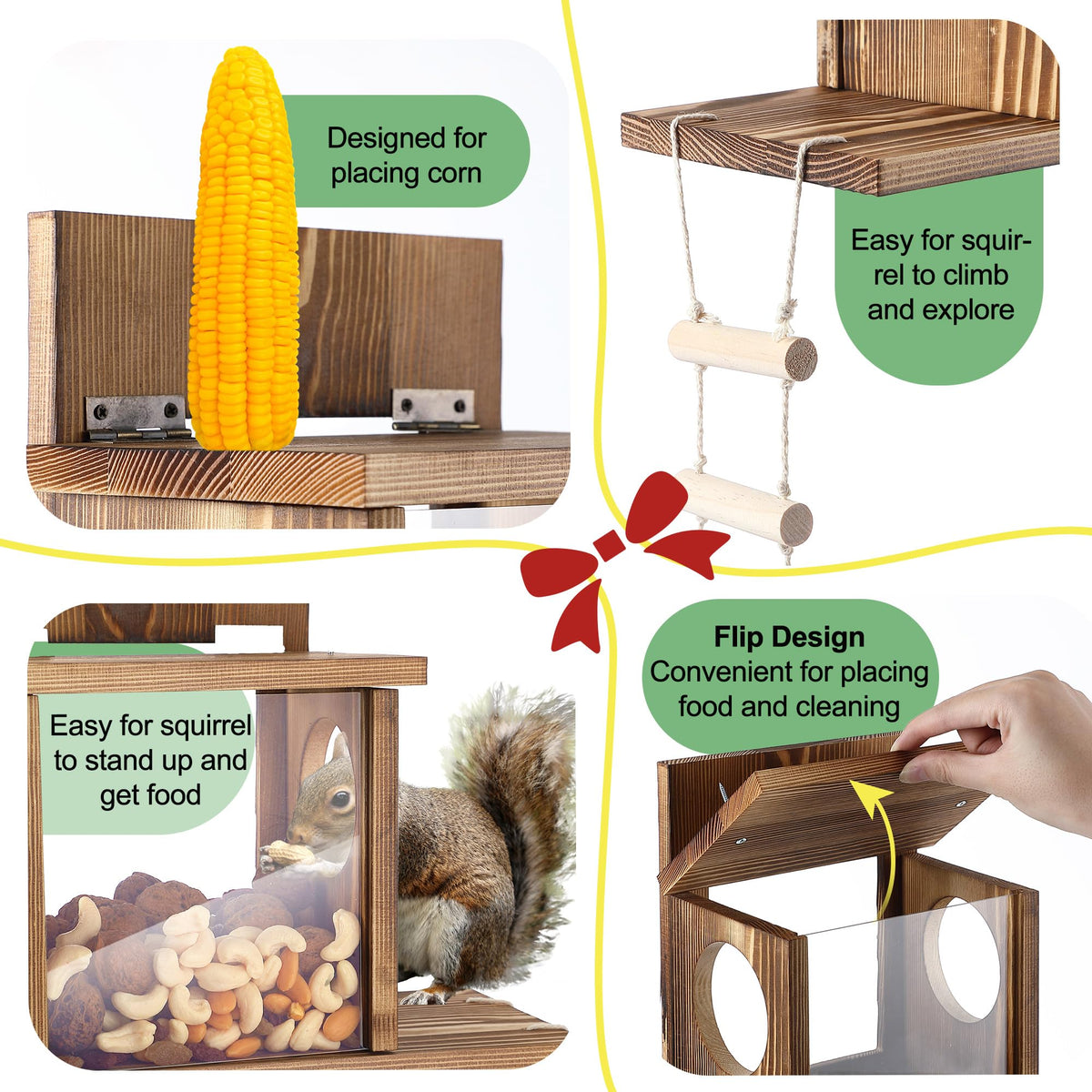 Enhon Wood Squirrel Feeder clamshell top keeps food dry during rain.