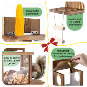Enhon Wood Squirrel Feeder clamshell top keeps food dry during rain.