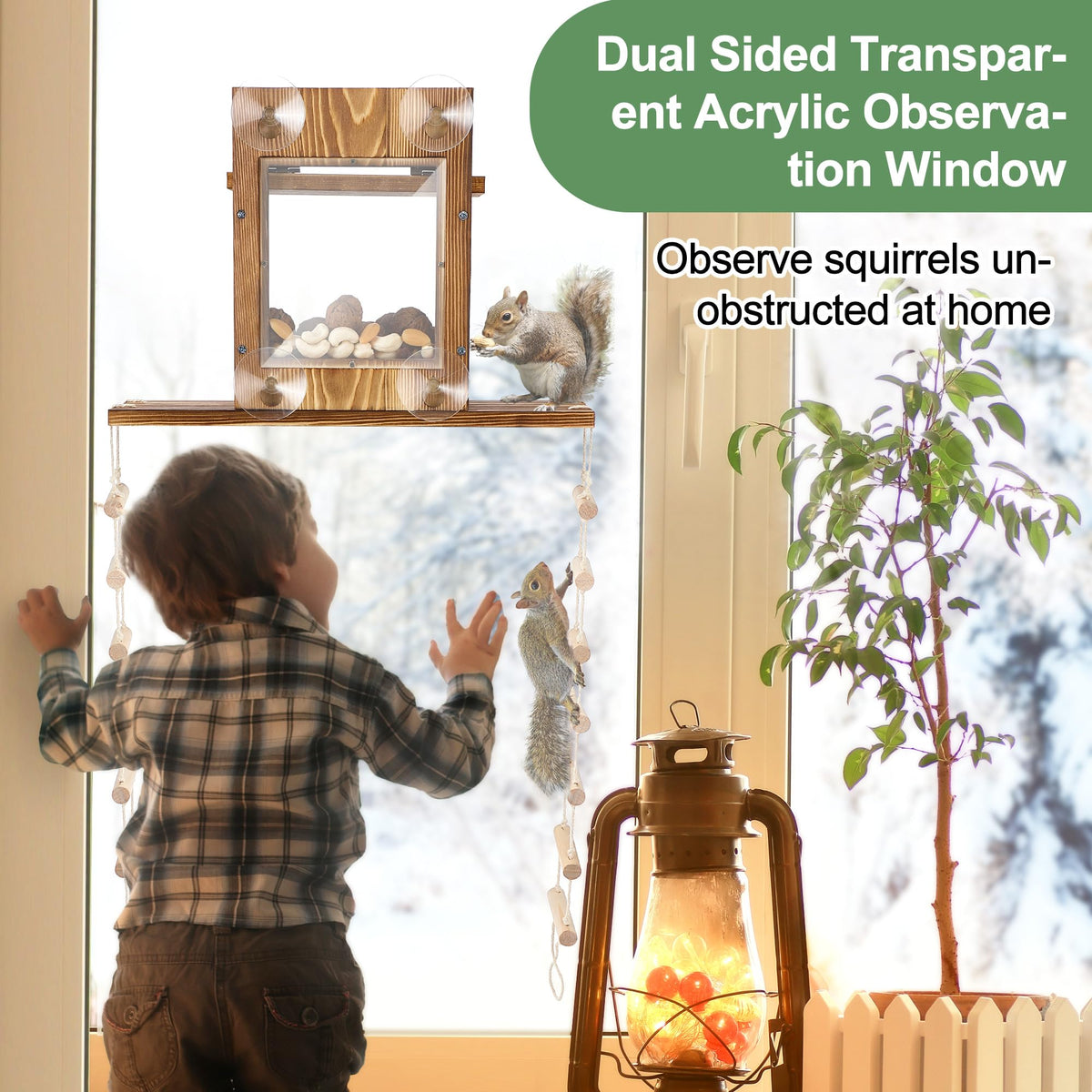 Enhon Wood Squirrel Feeder versatile mounting for window, table, or garden.