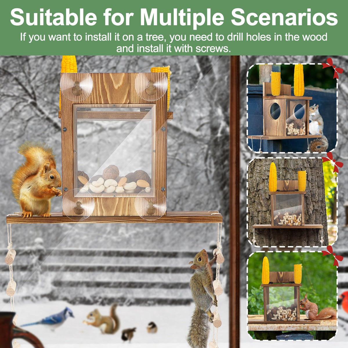 Enhon Wood Squirrel Feeder suction cups provide secure window mounting.