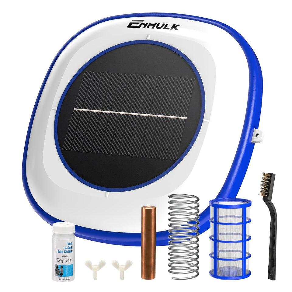 Enhulk Solar Pool Ionizer floating-cleaner-blue demonstrates easy, sparkling pool maintenance.