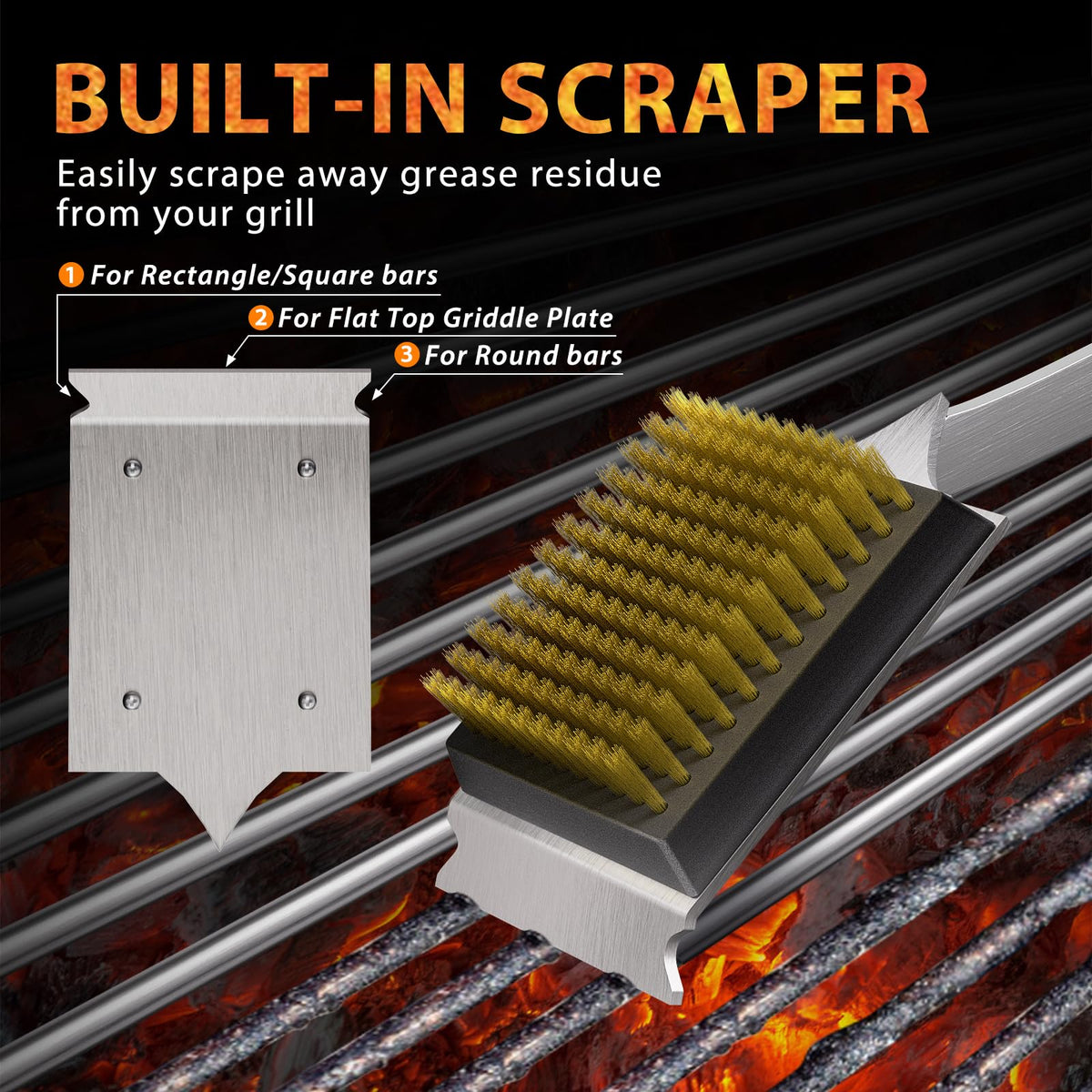 ENLOY front scraper helps remove stubborn residue with adjustable angle.