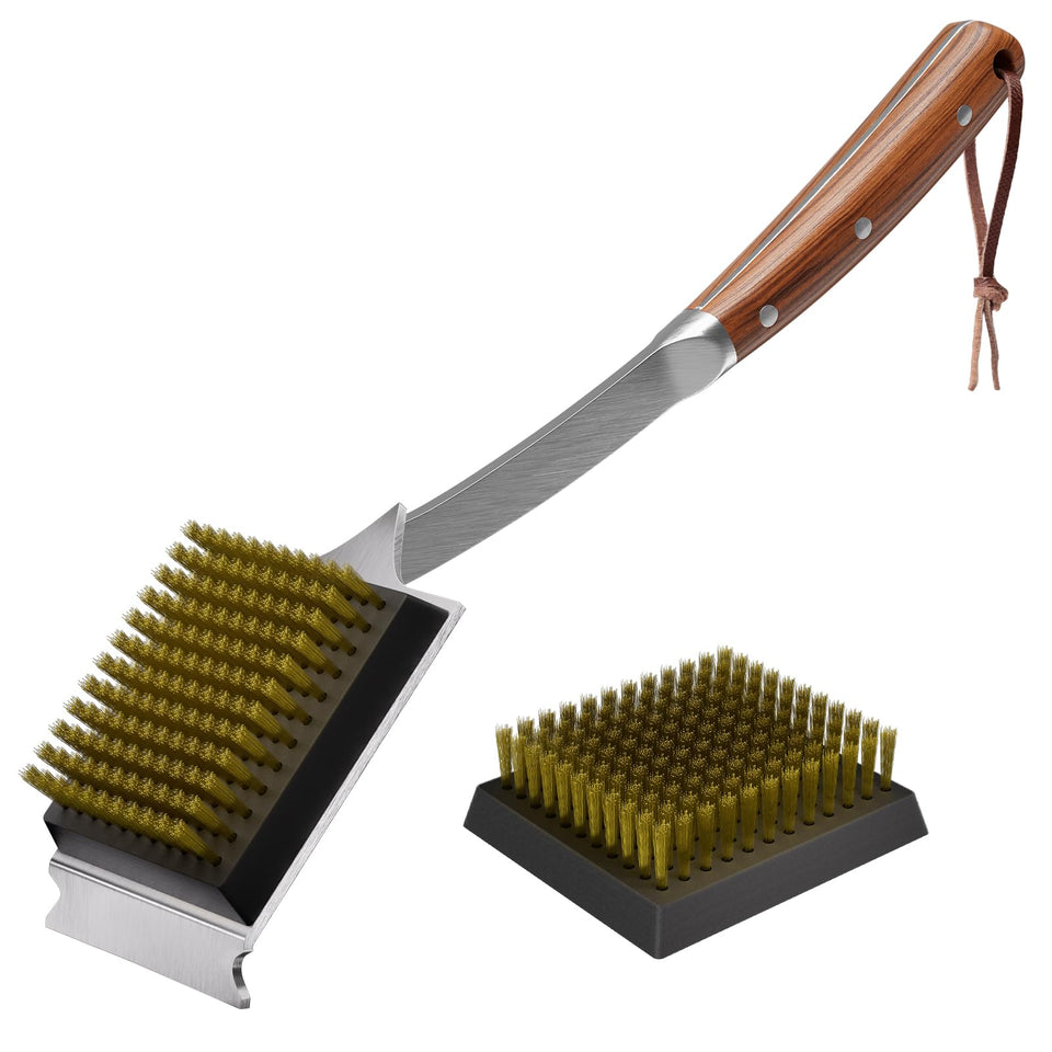 ENLOY grill brush with extended rosewood handle for safer, hands-off grilling.