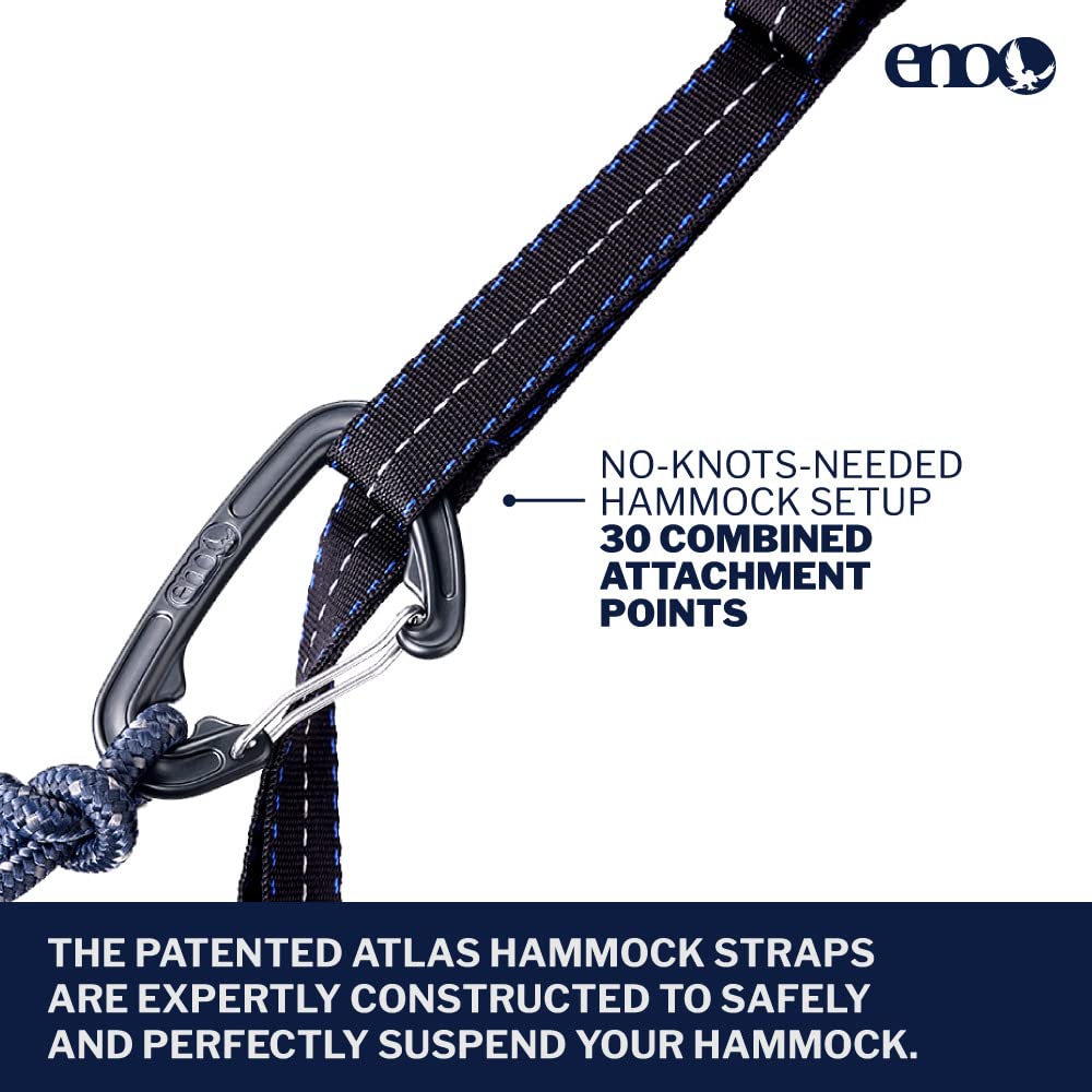 ENO Atlas straps provide knot-free hammock hangs for quick setups.