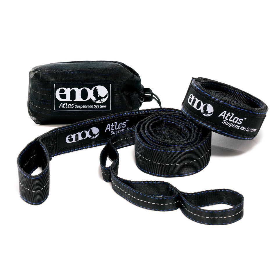 ENO Atlas Suspension System straps for knot-free hammock setup during camping.
