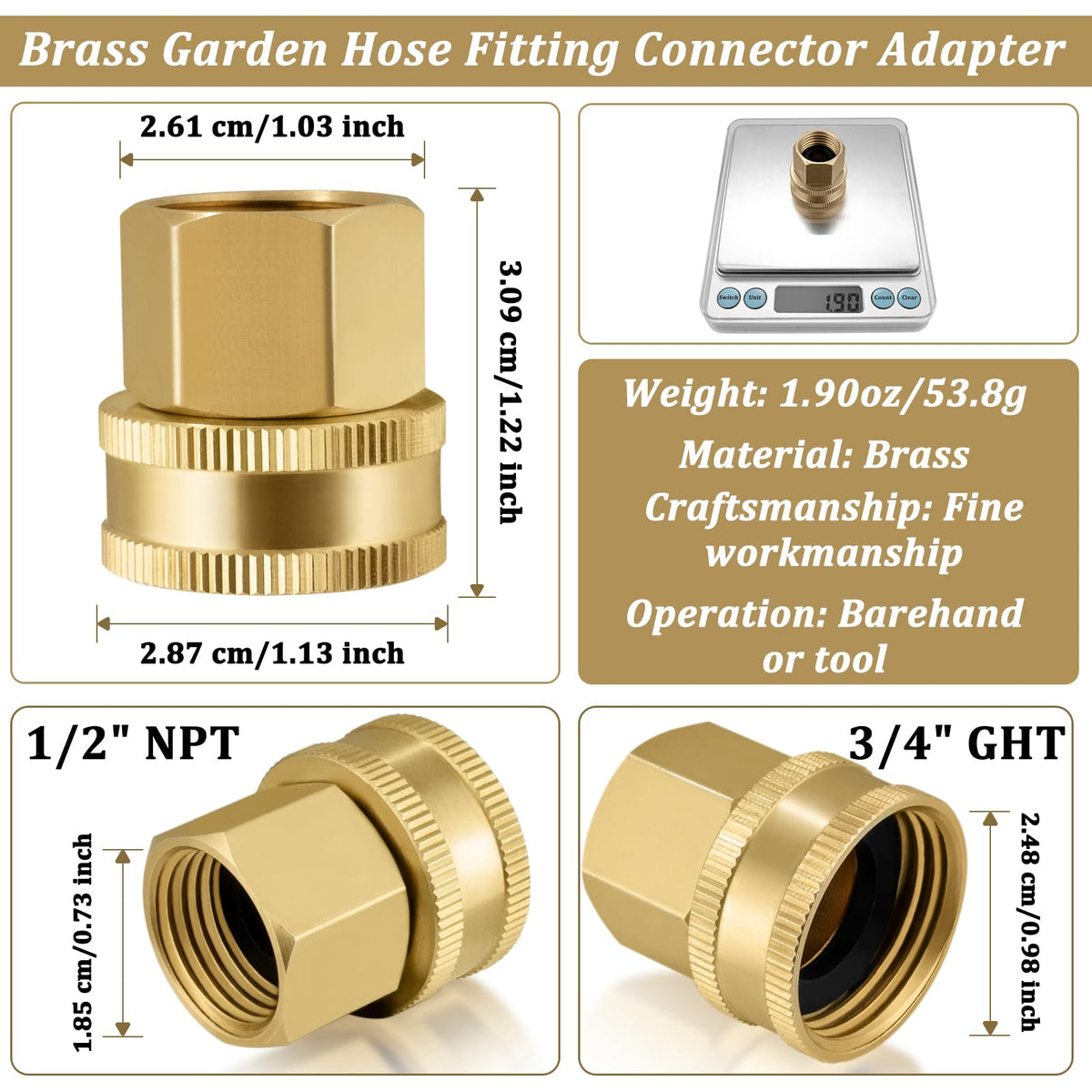 Enoch's Land double-female brass connector for 3/4 GHT to 1/2 NPT compatibility.