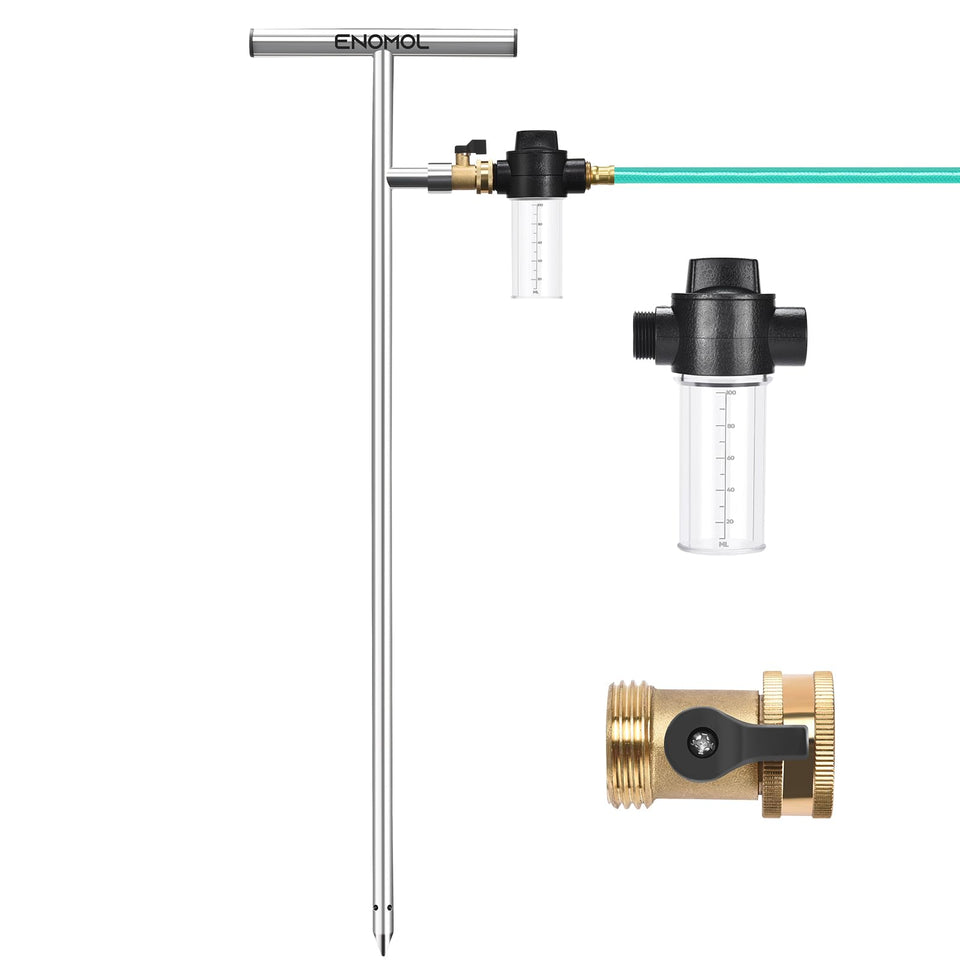 Enomol deep root watering tool in stainless steel reaches the root zone for efficient irrigation