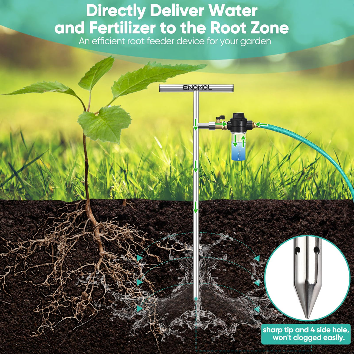 Enomol root feeder with fertilizer bottle delivers water and nutrients straight to roots