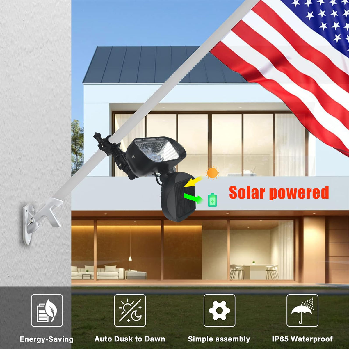 Enrybia flag pole light with dusk-dawn sensor for automatic operation.