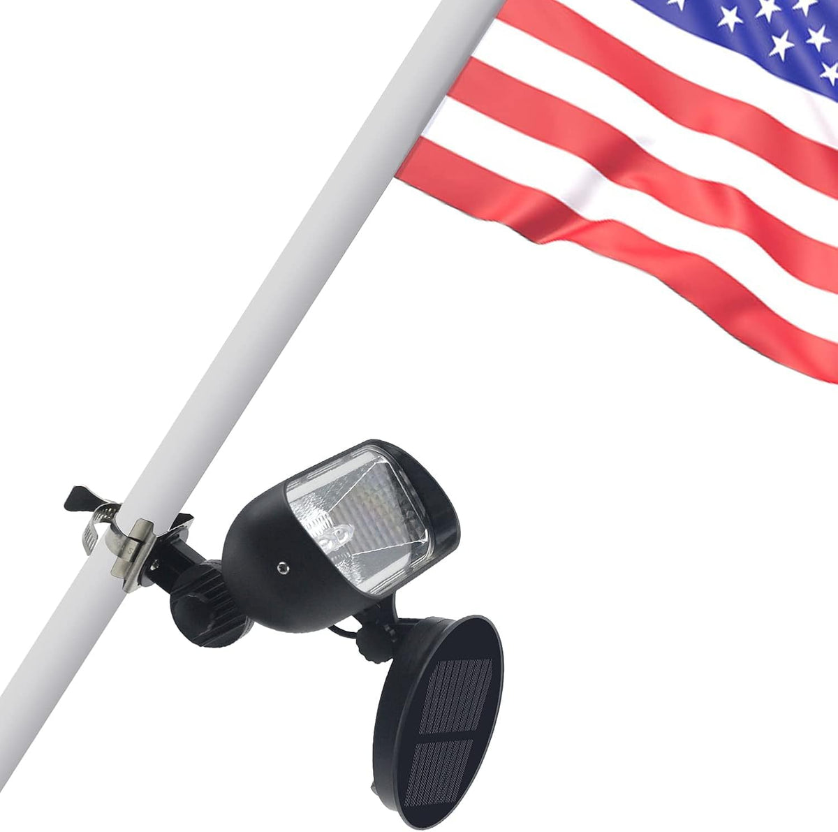 Enrybia flag-pole-light-wall-mount illuminates flags at dusk with solar power.